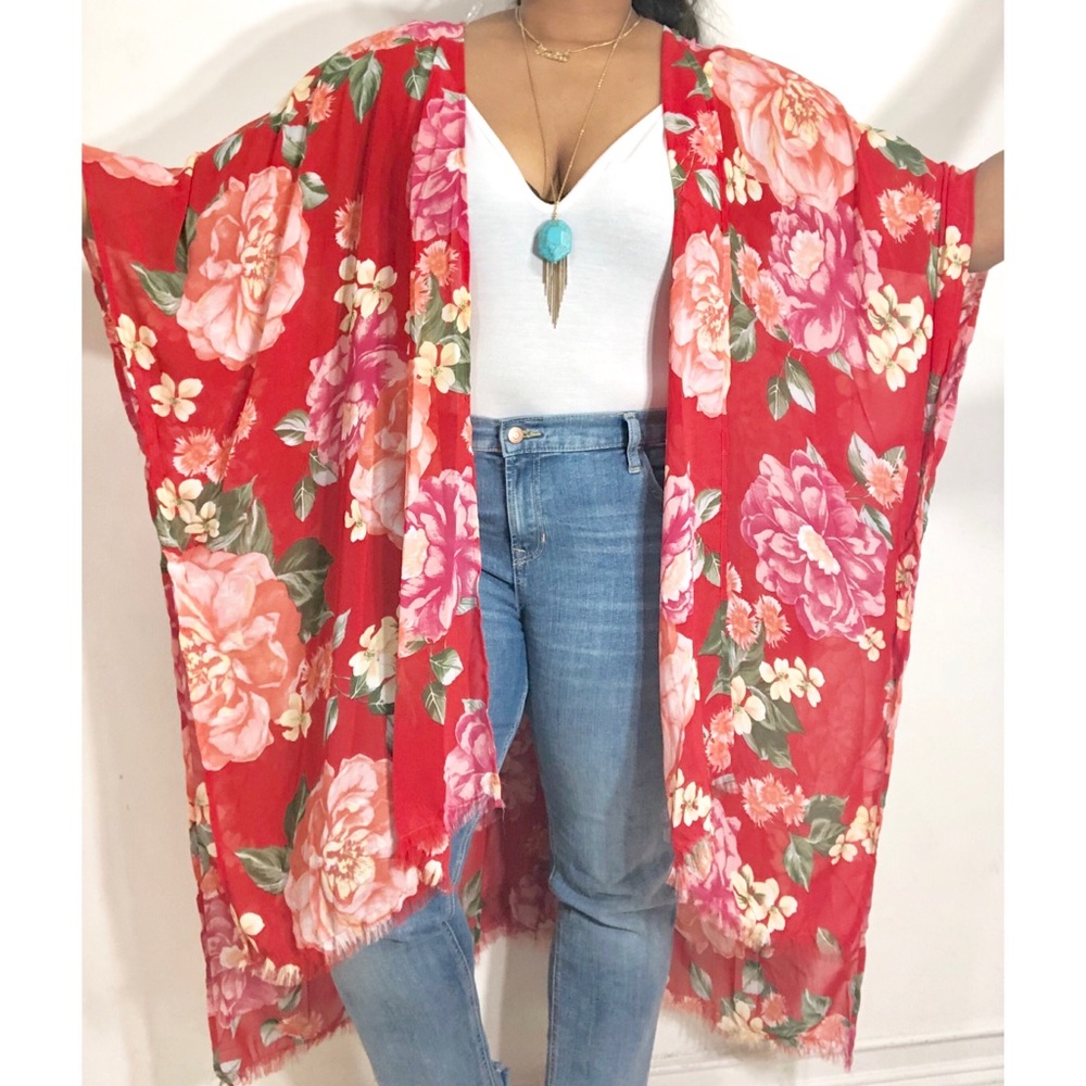 Sheer Floral Print Open Front Raw Edge Kimono - Picture 5 of 8